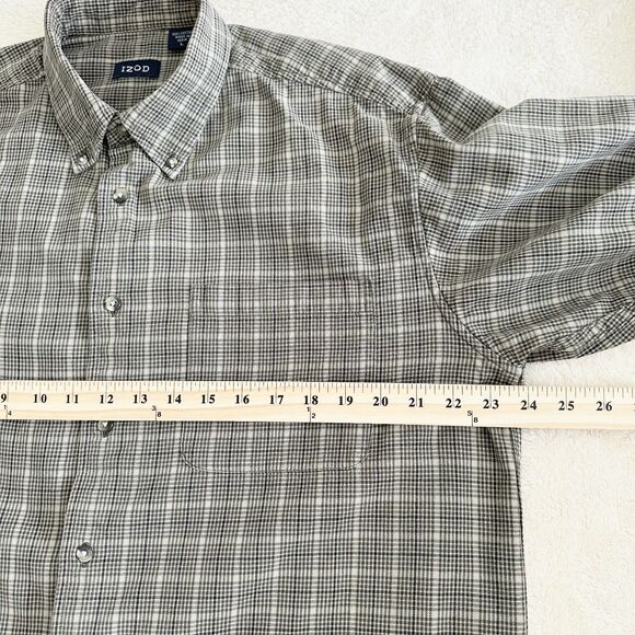 IZOD Button Down Shirt Mens Size L Beige Green Plaid Long Sleeve Classic Fit - Picture 5 of 8